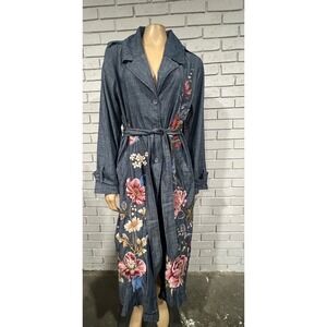 Johnny Was Chambray Floral Embroidered Maxi Duster Coat Western Cowgirl NWT L